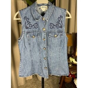 River Ridge Trading Company Womens Blue Denim Embroidered Western Vest Small